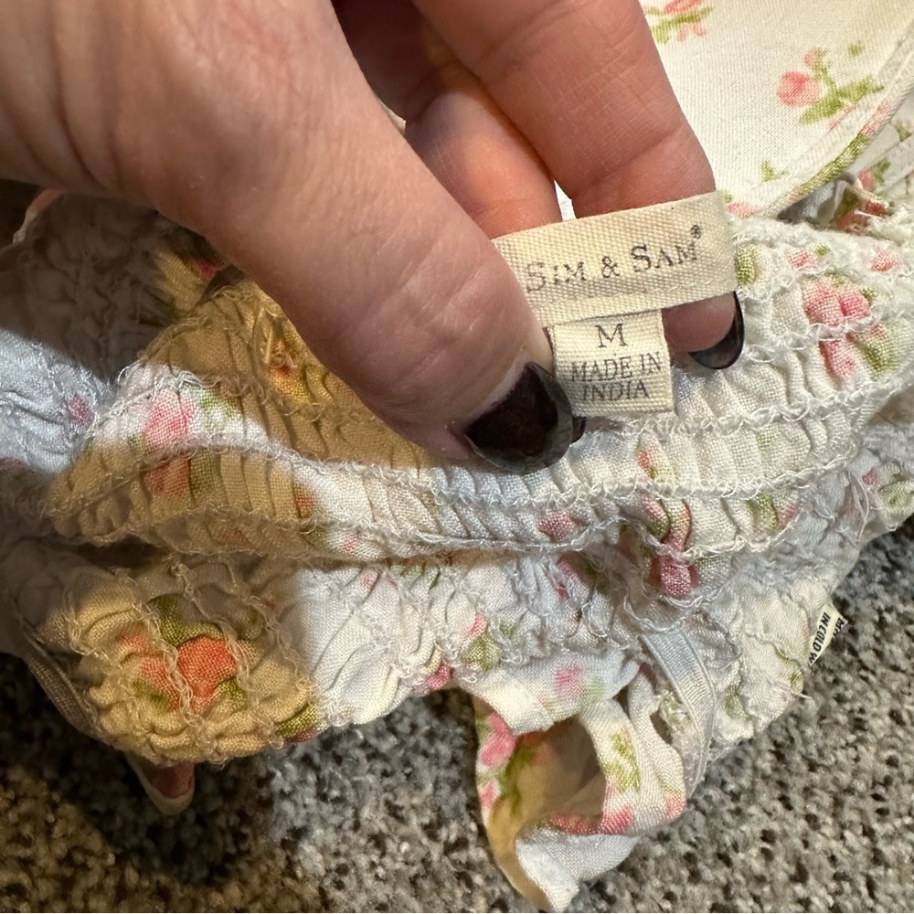 SIM & SAM M Ivory Pink Floral Top Bustier Smocked Back Stretch - Picture 7 of 10